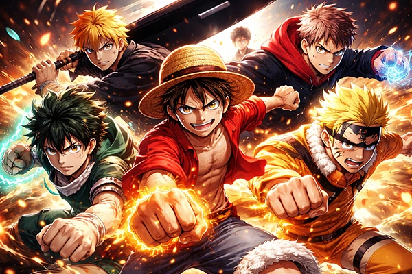Banner anime shounen menampilkan lima karakter bertarung dengan efek api dan energi, suasana aksi intens dan penuh semangat.