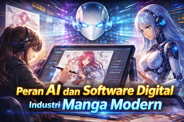 Ilustrasi mangaka menggunakan software digital dan AI dalam proses pembuatan manga modern dengan teknologi canggih